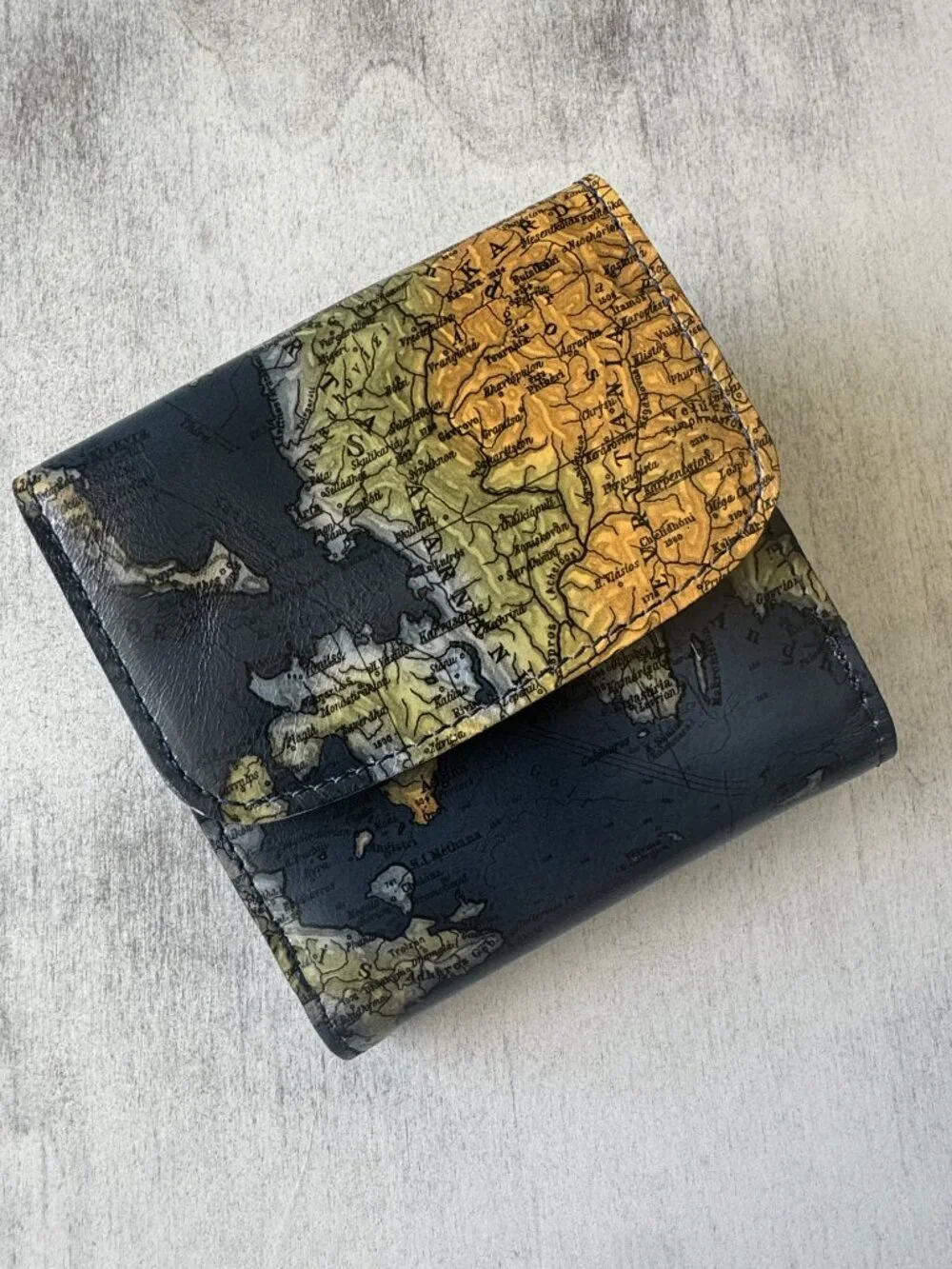 Patricia Nash Astra Greek Map Folding Artistic Leather RFID Wallet Blue Tan